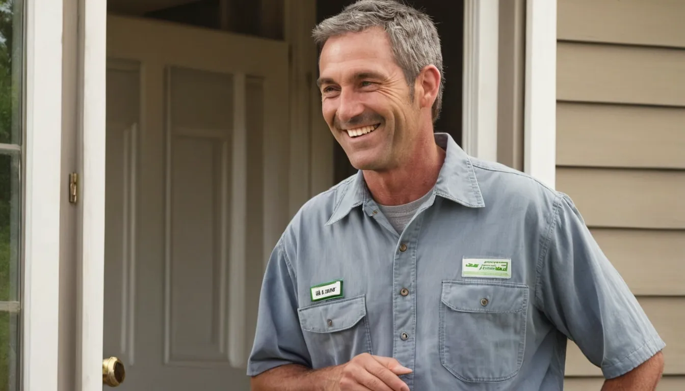 A friendly provider talking with a homeowner at the front door of a frame house in Lordstown